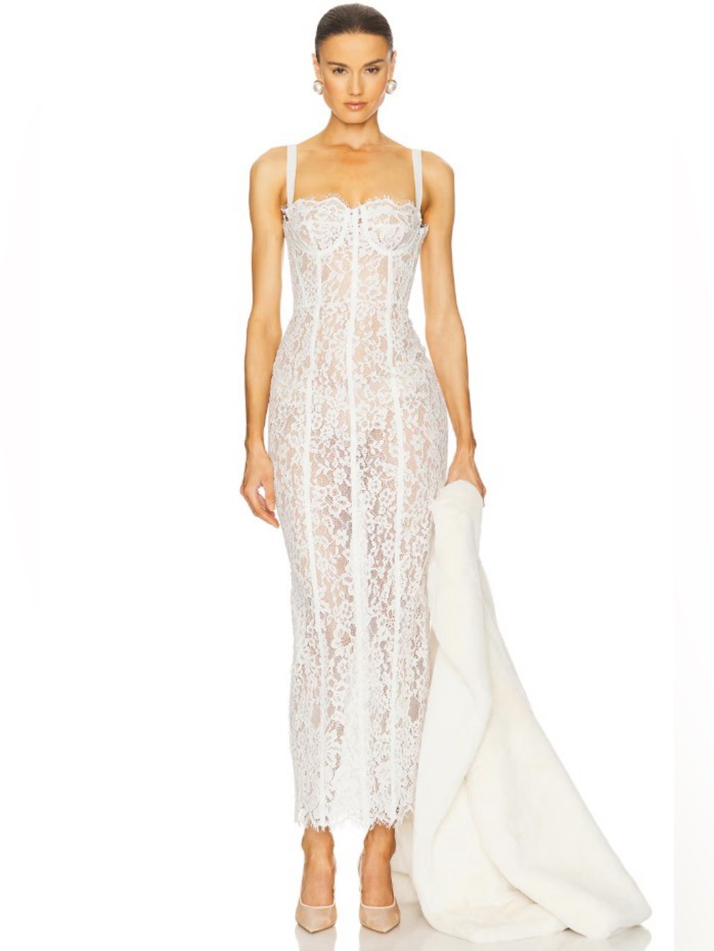 Helsa White Lace Corset Bustier Midi “The Lace Column” Dress NWOT